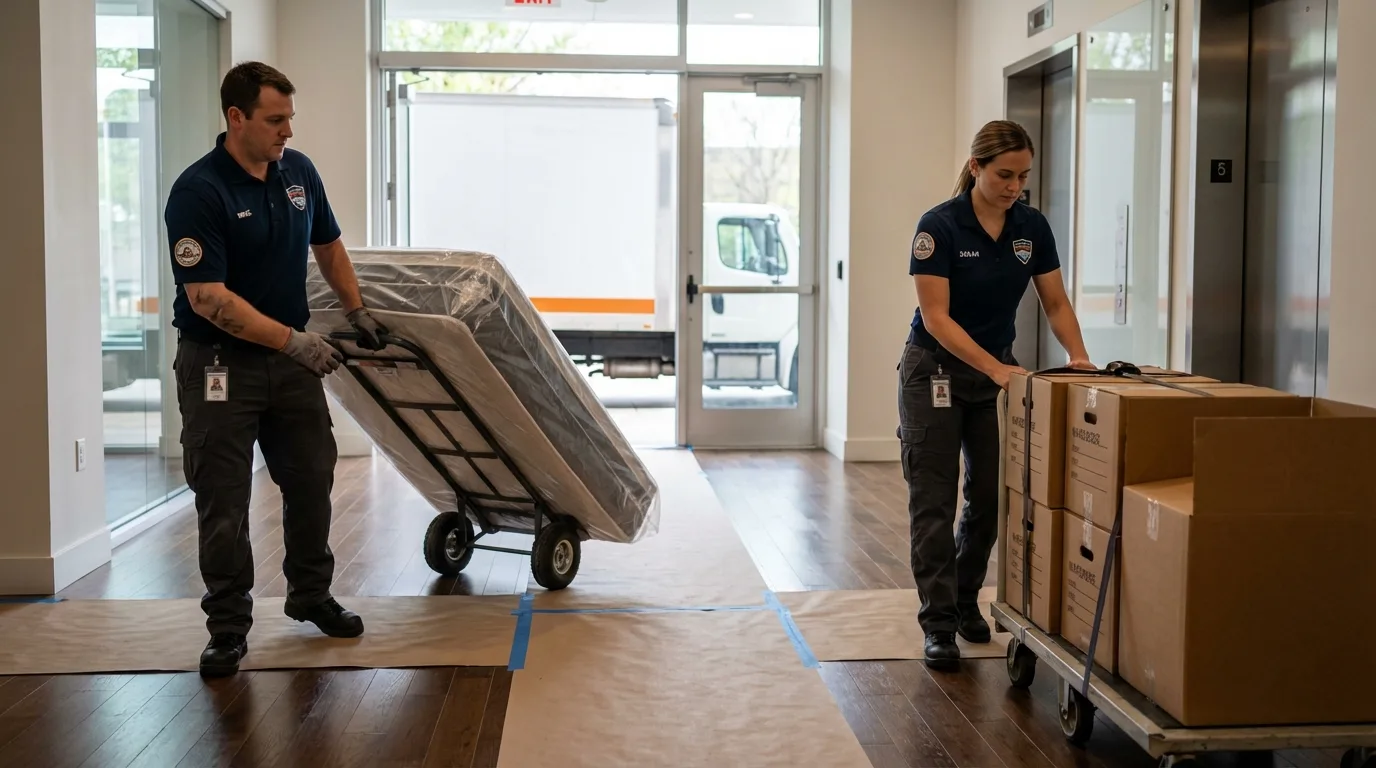 Professional apartment movers loading elevator in Amesbury, MA