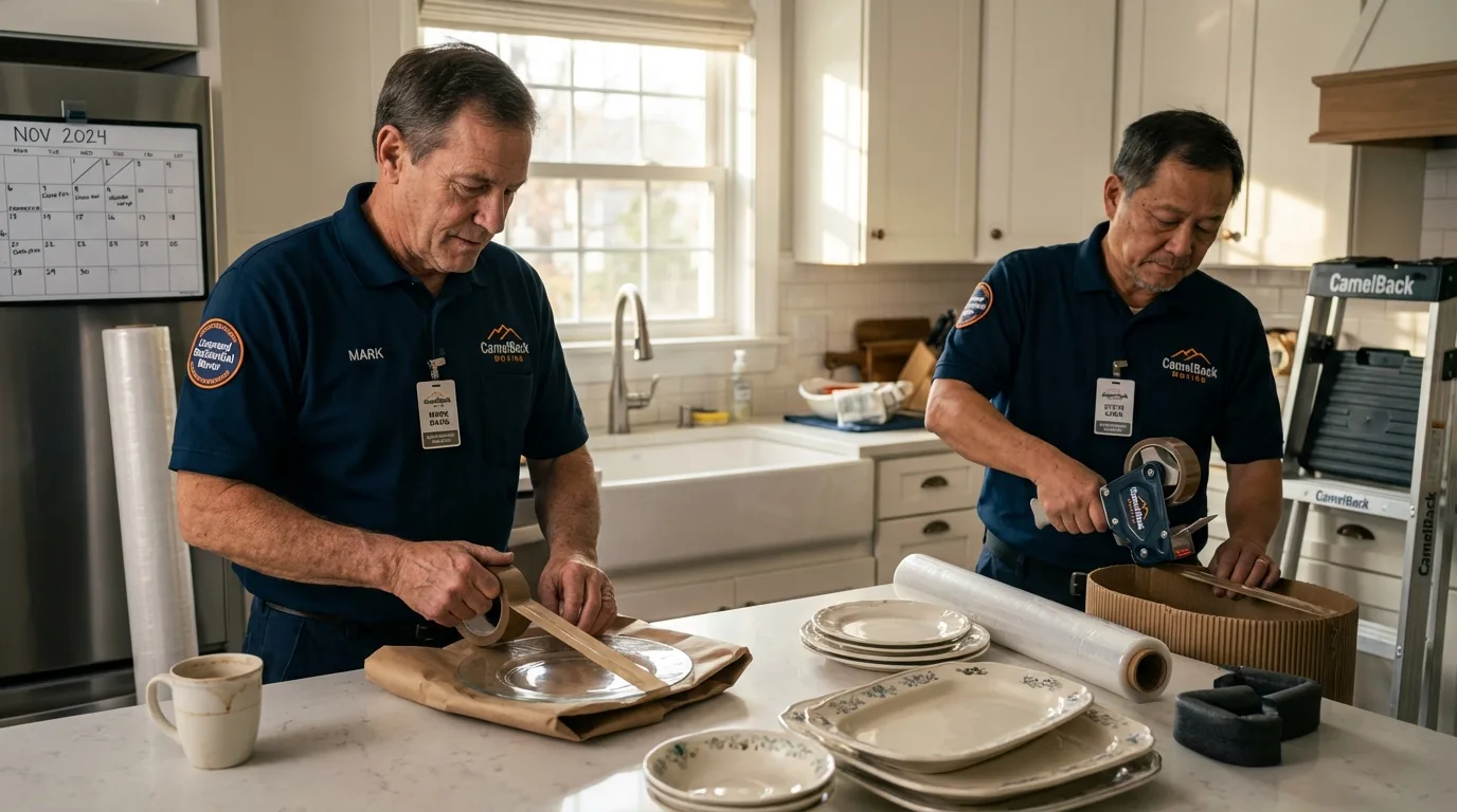 Professional crew packing kitchen dishware in Amesbury, MA